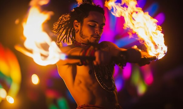 A man with dreadlocks performs fire dancing.
