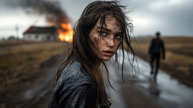 The background with smoke and fire contrasts with the fragility of the girl, creating an image that reflects the struggle and inner strength, despite the difficulties.