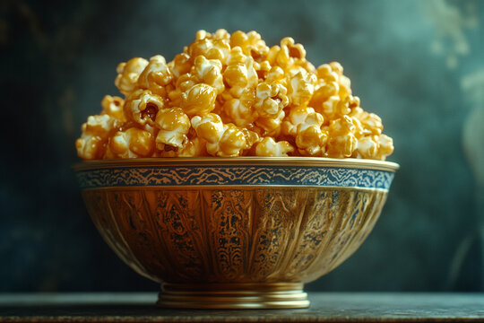 Caramel popcorn in a bowl on a dark background, close-up. The background has ample space for text or design. 