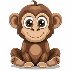Obraz premium A cute cartoon monkey with large eyes is sitting happily, displaying a friendly and cheerful demeanor on white.