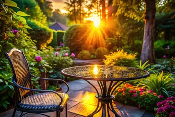 Morning sunlight streams onto a black metal table, nestled in a tranquil garden filled with lush greenery, creating a serene atmosphere surrounded by nature's beauty.