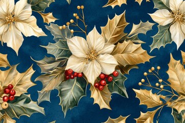 Christmas watercolor illustration, seamless botanical pattern of  white flowers, green leaves, holly and berries on blue background, for printing on fabric or wrapping paper