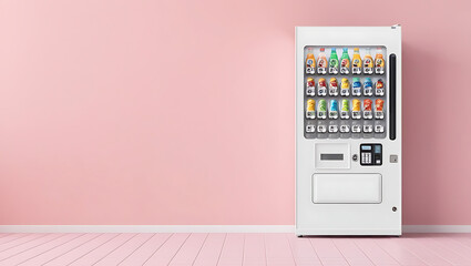 a minimalist and modern-style vending machine set against a pastel pink wall. Small business, self-service vending machines in public places. machine vending at the station
