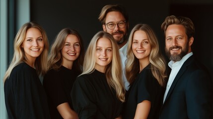 Obraz premium Team of smiling professionals in modern attire. Leadership support and wellbeing concept in workplace culture.