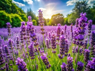 On a sunlit day, vibrant lavender flowers flourish, surrounded by verdant foliage, enchanting the senses with their beauty and evoking a sense of tranquility.
