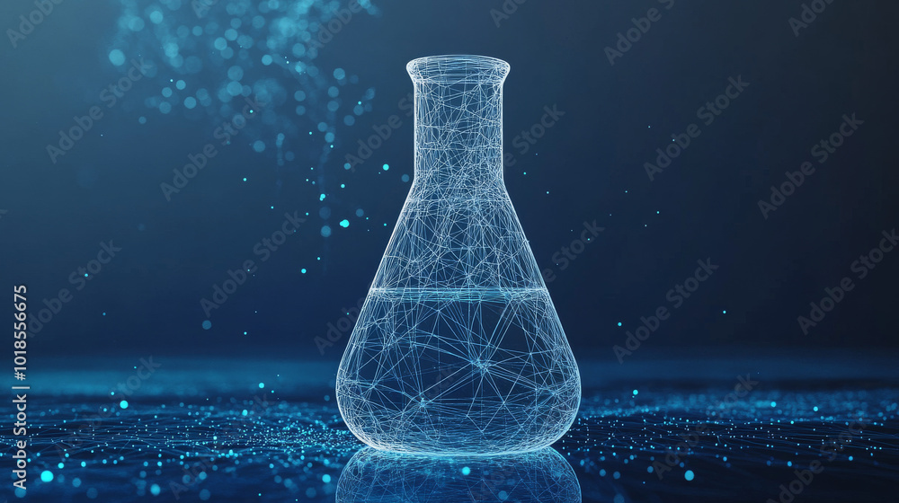 Poster a 3d image of a conical flask, made of lines and dots, is shown on a blue background. the flask is d