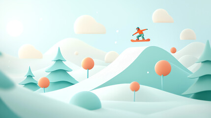 Extreme freestyle snowboarding, rider performing flips on snowy slopes, 3D illustration