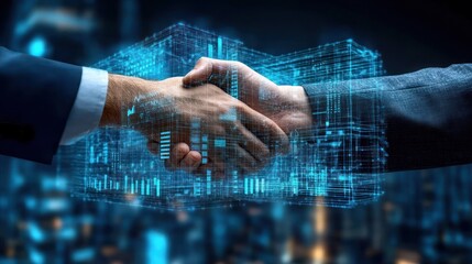 Entwined hands with digital matrix and blue graphics