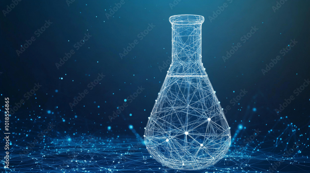 Poster a 3d image of a conical flask, made of lines and dots, is shown on a blue background. the flask is d