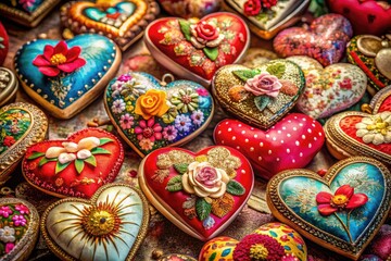 Fototapeta premium Celebrate love nostalgically with vintage Valentine hearts, filled with romantic designs and textures, setting the perfect atmosphere for heartfelt moments and treasured connections.