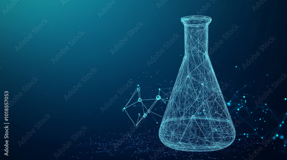 Poster a 3d image of a conical flask, made of lines and dots, is shown on a blue background. the flask is d