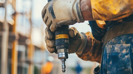 Construction workers from various backgrounds are focused on their tasks as they operate power tools on a busy construction site, showcasing skill and collaboration