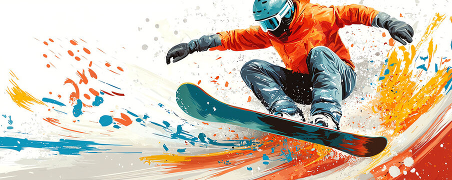 Freestyle snowboarding action, extreme jump with snow trail, 3D illustration