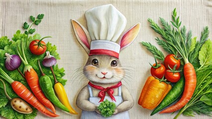 A cheerful bunny chef stands proudly, holding a sprig of fresh parsley amidst a vibrant array of vegetables, showcasing the bounty of the garden.