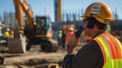 A construction worker communicates through a radio while overseeing activities on site. Various workers from different backgrounds engage in construction tasks, showcasing diversity
