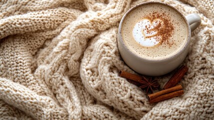 Fototapeta premium Cozy Autumn Day with Warm Drink and Knitted Blanket