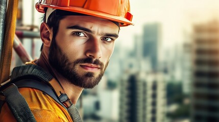 A skilled construction worker wearing an orange helmet stands at a construction site, concentrating on the task while surrounded by a diverse team in a bustling city