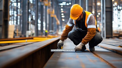 Workers of various nationalities are actively engaged in measuring steel beams in a large construction facility, emphasizing teamwork and skill in the industry