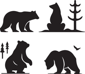 Silhouette set of bear black and white vector 