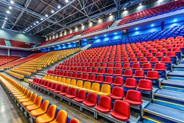 Fototapeta premium Rows of unoccupied basketball stadium seats illustrate a clean, modern design, showcasing the thoughtful architecture and layout typical of todayâ€™s sports arenas and facilities.