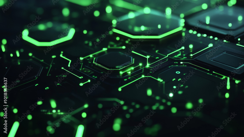 Poster a black background with glowing green hexagonal shapes, creating an abstract technological design.
