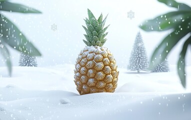 A lone pineapple stands amidst a snowy landscape with pine trees, showcasing an unusual winter scene in nature