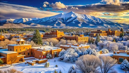 Obraz premium Santa Fe, New Mexico, presents a mesmerizing winter landscape with its snow-draped mountains and delightful architecture, combining natural beauty and rich culture.