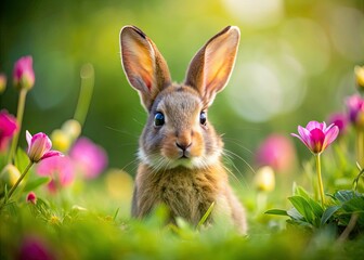 Obraz premium Charming and playful rabbits are beautifully photographed in diverse natural environments, showcasing their adorable antics and the stunning details of their surroundings.