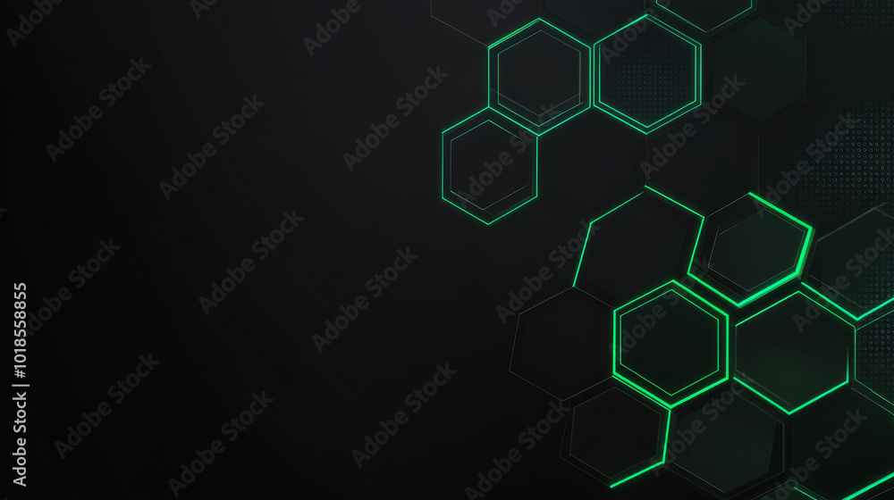 Poster a black background with glowing green hexagonal shapes, creating an abstract technological design.