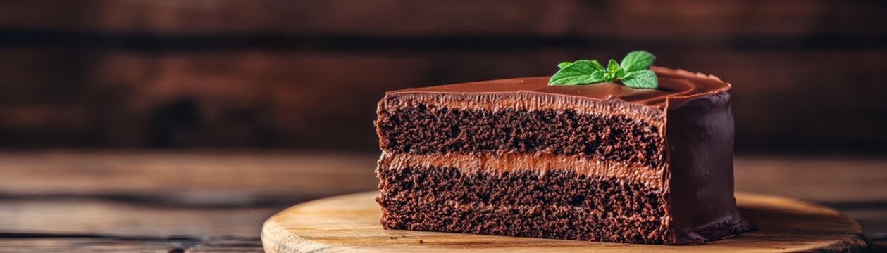 Delicious chocolate cake slice on wooden plate, rustic background, enticing dessert.