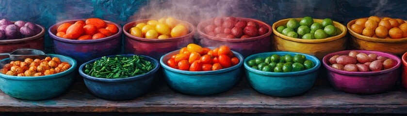 Naklejka premium Colorful bowls of fresh produce arranged on a rustic table.