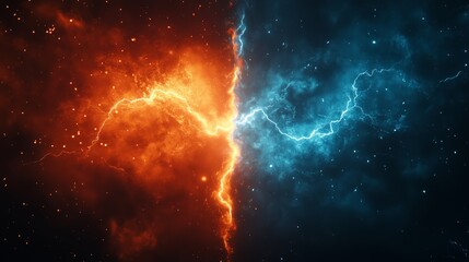 Versus, competition, battle background of blue and red. lightning strike in clouds, Generative Ai
