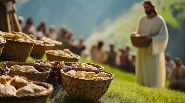 Jesus feeding five thousand with baskets of bread and fish multiplying crowd sits on grassy hillside