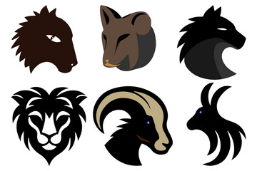 animal head icon set including lion, tiger and goat head with illustration