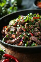 Zesty Yum Nua Spicy Beef Salad - Authentic Thai Cuisine Delight with Lime, Chili, and Fresh Herbs