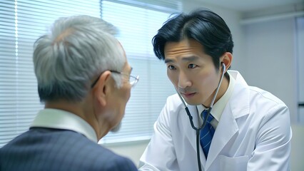 Fototapeta premium 患者を丁寧に診察する日本人男性医師