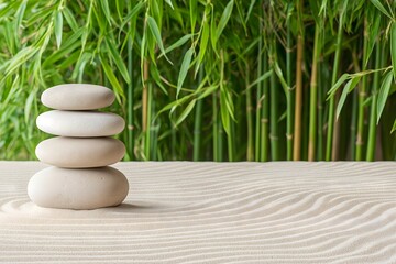 A Calming Zen Garden With Neatly Raked Sand Patterns, Smooth Stones, and a Backdrop of Bamboo Plants, High Resolution Wallpaper or Background