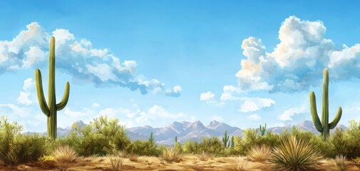 Desert landscape with cacti and mountains under a bright blue sky and fluffy clouds.