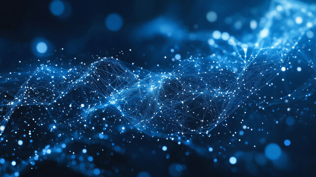 A blue banner with swirling, 3D particles representing technology. It's an abstract image that suggests scientific research, big data, and the power of technology.