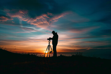 Silhouette of man standing beside camera tripod during sunset