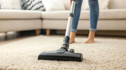 Woman vacuuming the living room carpet, cleaning service concept.
