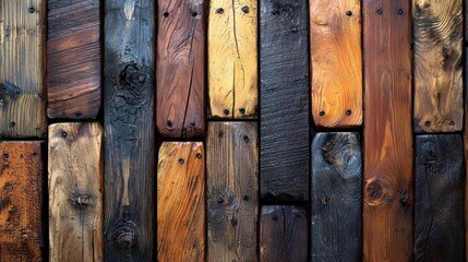 Colorful wooden planks arranged in a pattern showcasing various textures and shades in natural...