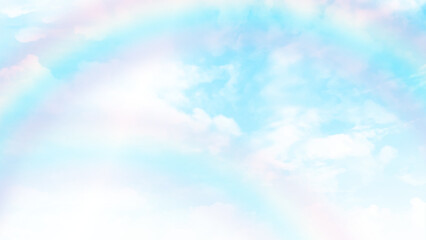 Natural scenery background blue sky with bright white clouds and rainbow effect. Vector illustration.