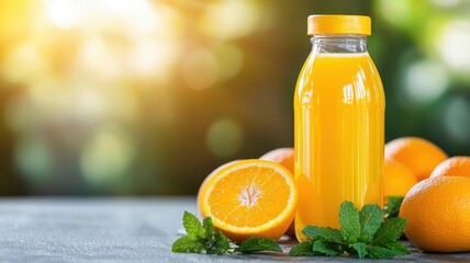 A vibrant bottle of orange juice with fresh oranges and mint, set against a bright, natural background, evoking freshness and vitality.