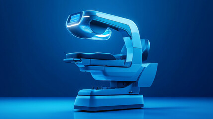 A blue eye exam machine is shown, with a blue background.