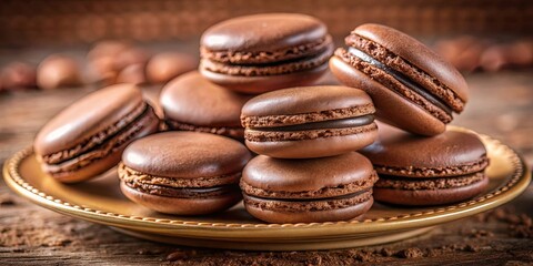 Chocolate Macarons Delicately Arranged on a Golden Plate with a Delicate Chocolate Filling and a Rustic Wooden Background