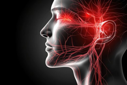 An illustration of the trigeminal nerve's three branches extending across the face, with vivid red highlights around key pain areas, visually representing trigeminal neuralgia