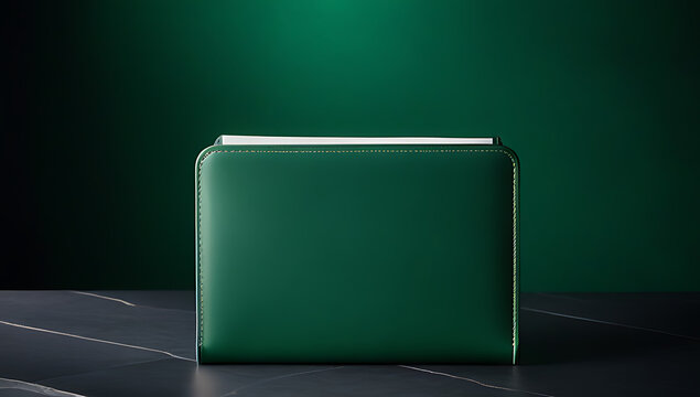 grey stone pedestal supports sleek green leather folder adorned elegant texture