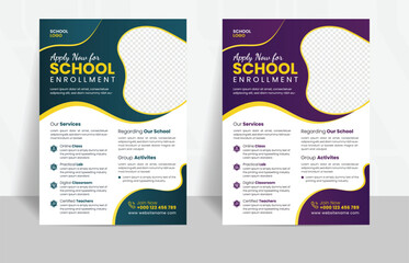 Creative School admission flyer template. Flyer brochure cover template for kids back to school education admission layout design. modern kids admission education poster, brochure layout.