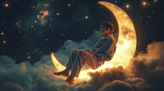 Dreamy child on luminous moon with glowing clouds